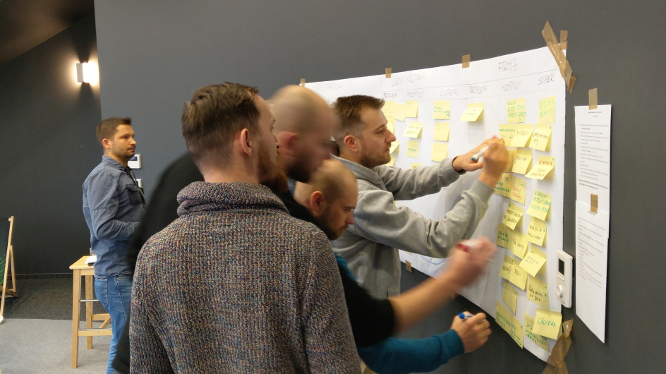 team is working with white board and yellow sticky notes